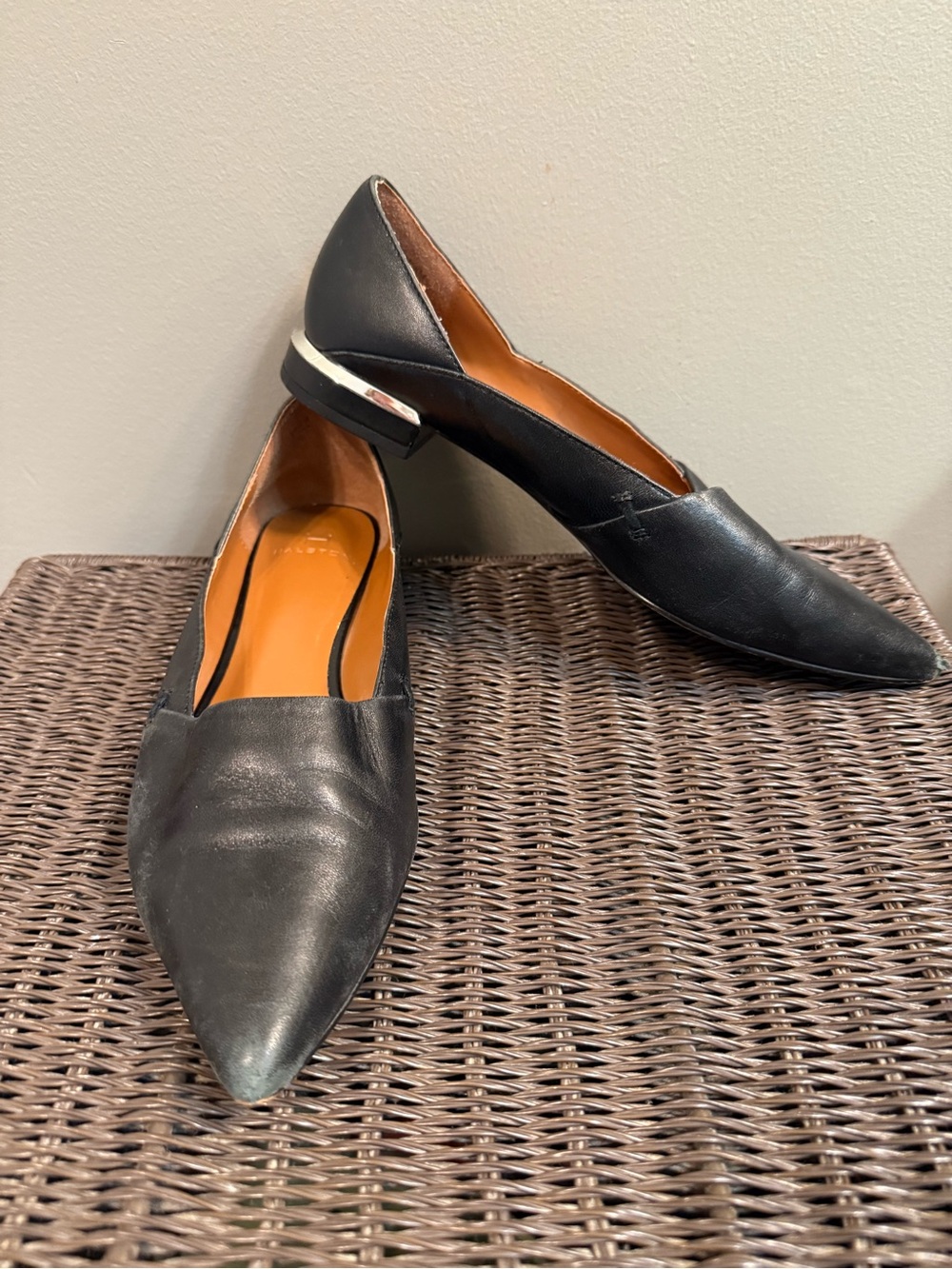 H by Halston Black Pointed-Toe Leather Flats with Silver Heel Accent